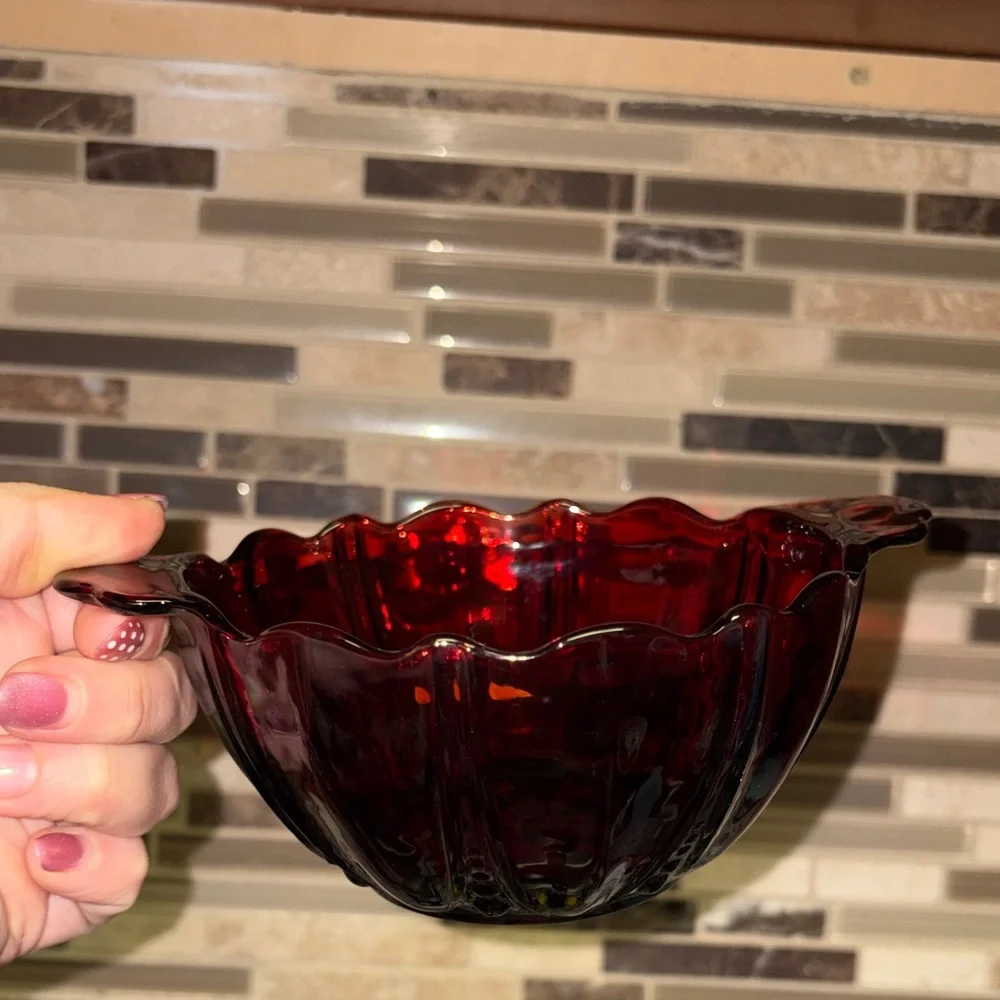 Anchor Hocking Vintage Oyster & Pearl Royal Ruby Handled Bowls (Set of 2)